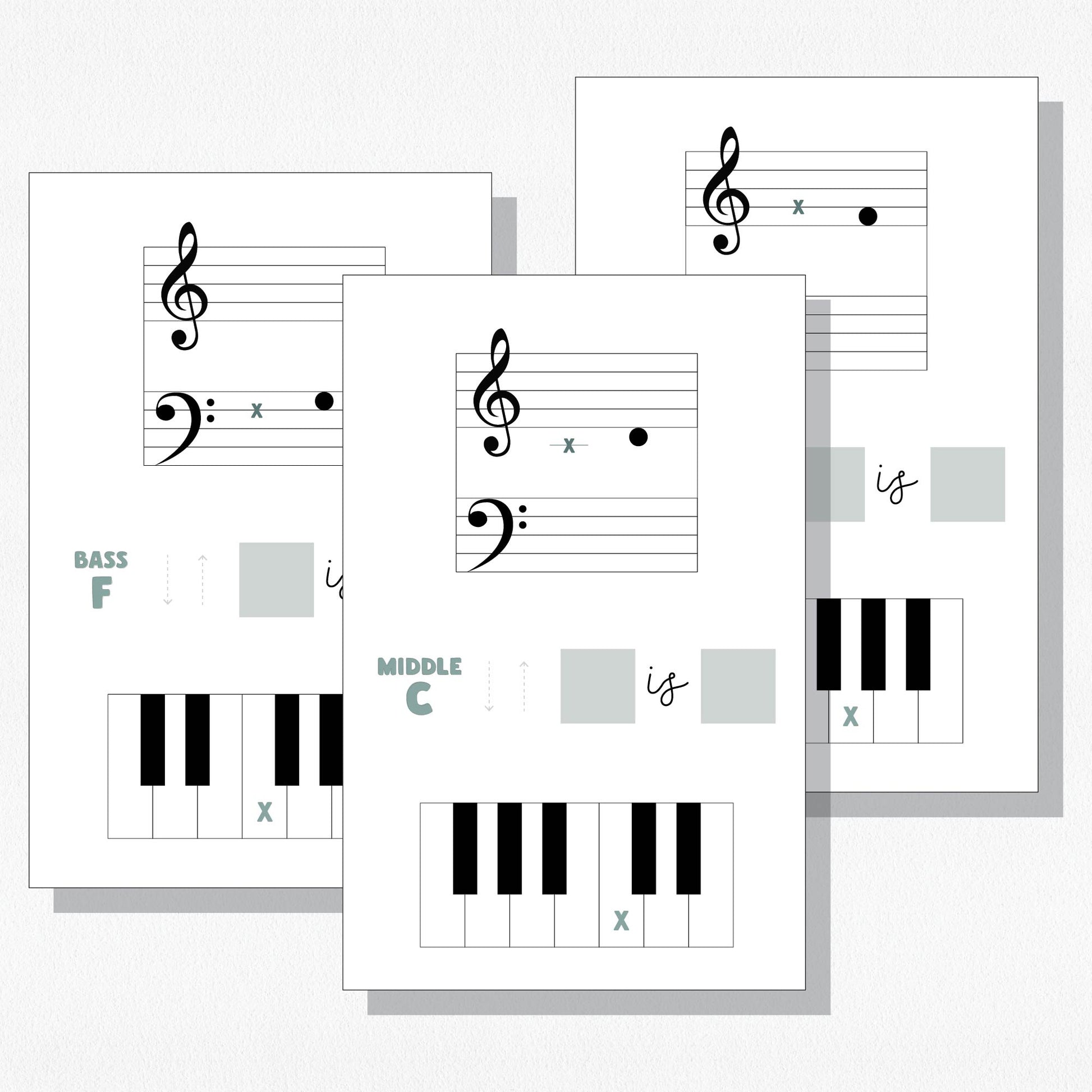 Three music theory flashcards from the "Spot Placing Detective" flashcard set. Shown on a neutral colored background.
