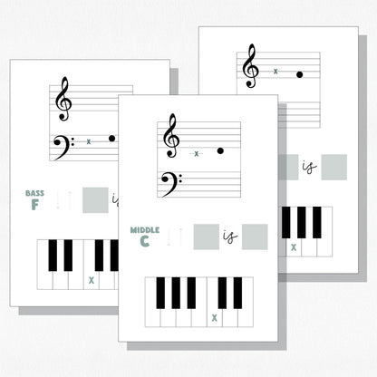 Three music theory flashcards from the "Spot Placing Detective" flashcard set. Shown on a neutral colored background.