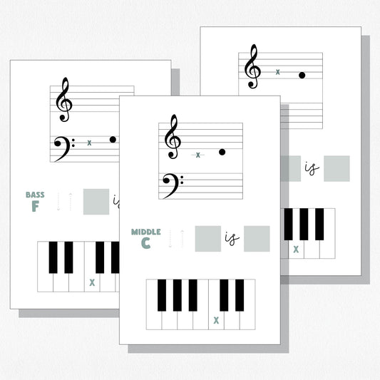Three music theory flashcards from the "Spot Placing Detective" flashcard set. Shown on a neutral colored background.