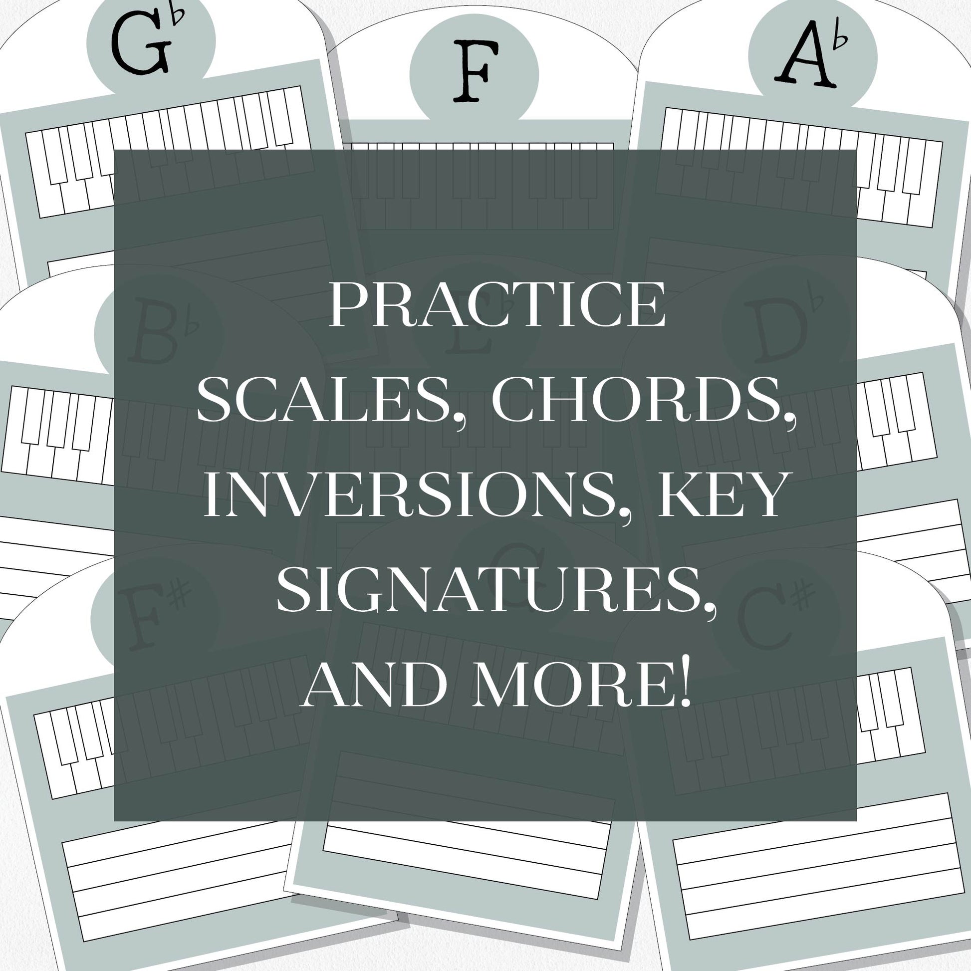 A spread of music theory cards with a text overlay that says "Practice scales, chords, inversions, key signatures, and more!" Shown on a neutral colored background.