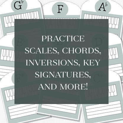 A spread of music theory cards with a text overlay that says "Practice scales, chords, inversions, key signatures, and more!" Shown on a neutral colored background.