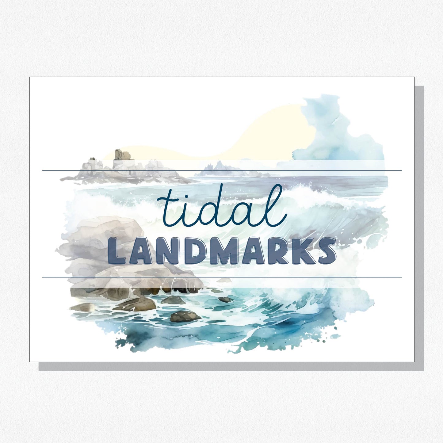 Cover page for the Tidal Landmarks page, displaying watercolor style waves crashing on rocks. Shown on a neutral colored background.