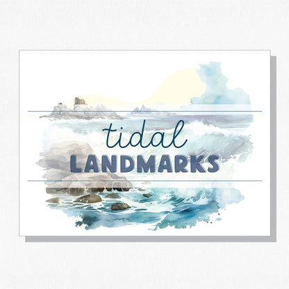 Cover page for the Tidal Landmarks page, displaying watercolor style waves crashing on rocks. Shown on a neutral colored background.