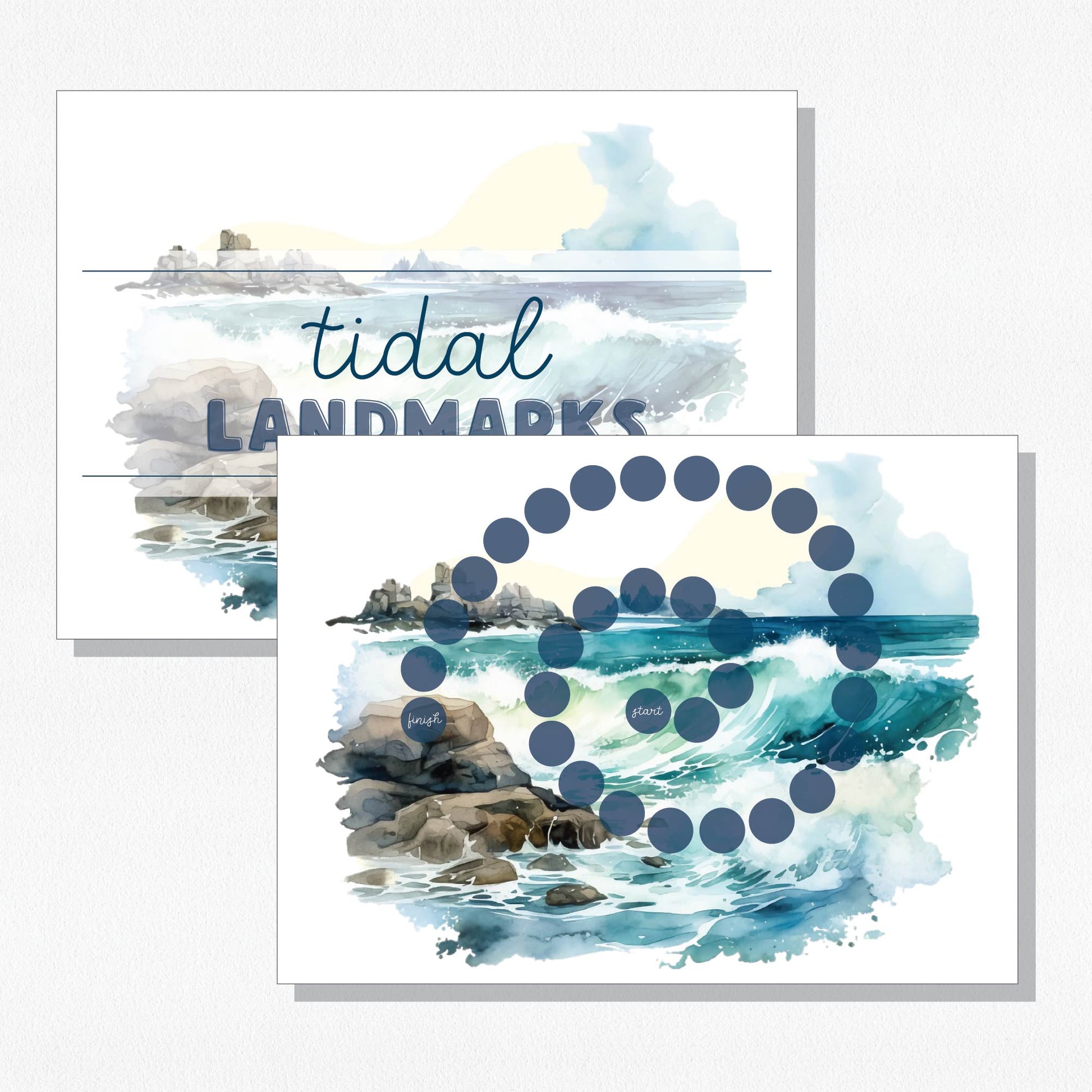 Cover page and game board for Tidal Landmarks, each displaying watercolor style waves crashing on rocks. Shown on a neutral colored background.