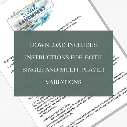 A view of the Tidal Landmarks instructions page with a text overlay that says "Download includes instructions for both single and multiplayer variations." Shown on a neutral colored background.