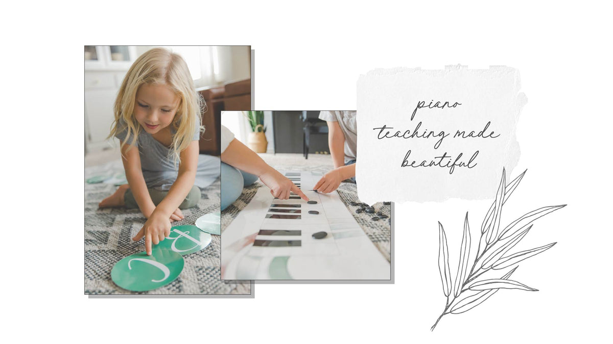 Collage of young children in a music lesson with text that says "piano teaching made beautiful"