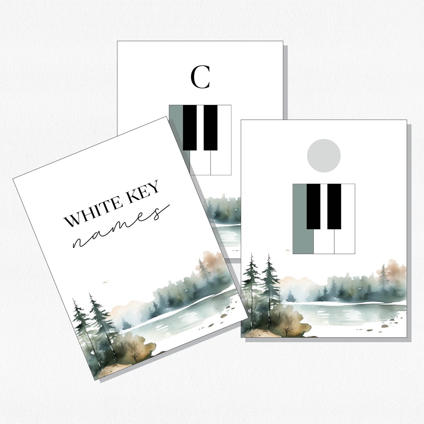 A spread of music theory flashcards showing piano keys and their names. Shown on a neutral colored background.
