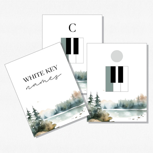 A spread of music theory flashcards showing piano keys and their names. Shown on a neutral colored background.