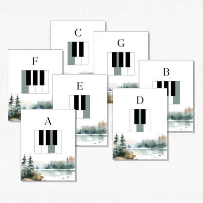 A spread of music theory flashcards showing piano keys and their names. Shown on a neutral colored background.
