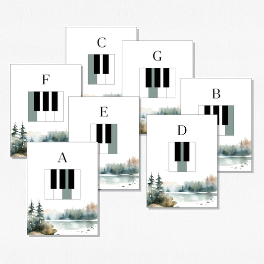 A spread of music theory flashcards showing piano keys and their names. Shown on a neutral colored background.
