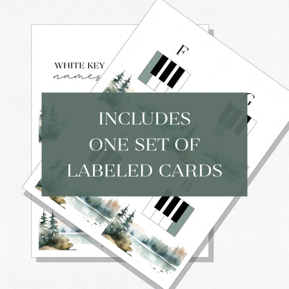 A spread of music theory flashcards showing piano keys and their names with a text overlay that says "Includes one set of labeled cards." Shown on a neutral colored background.