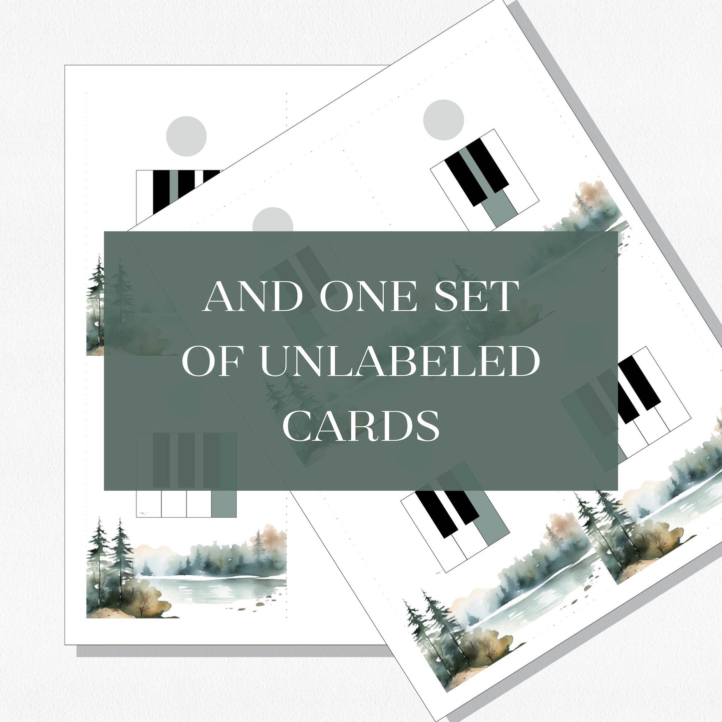 A spread of music theory flashcards showing piano keys and their names with a text overlay that says "And one set of unlabeled cards." Shown on a neutral colored background.