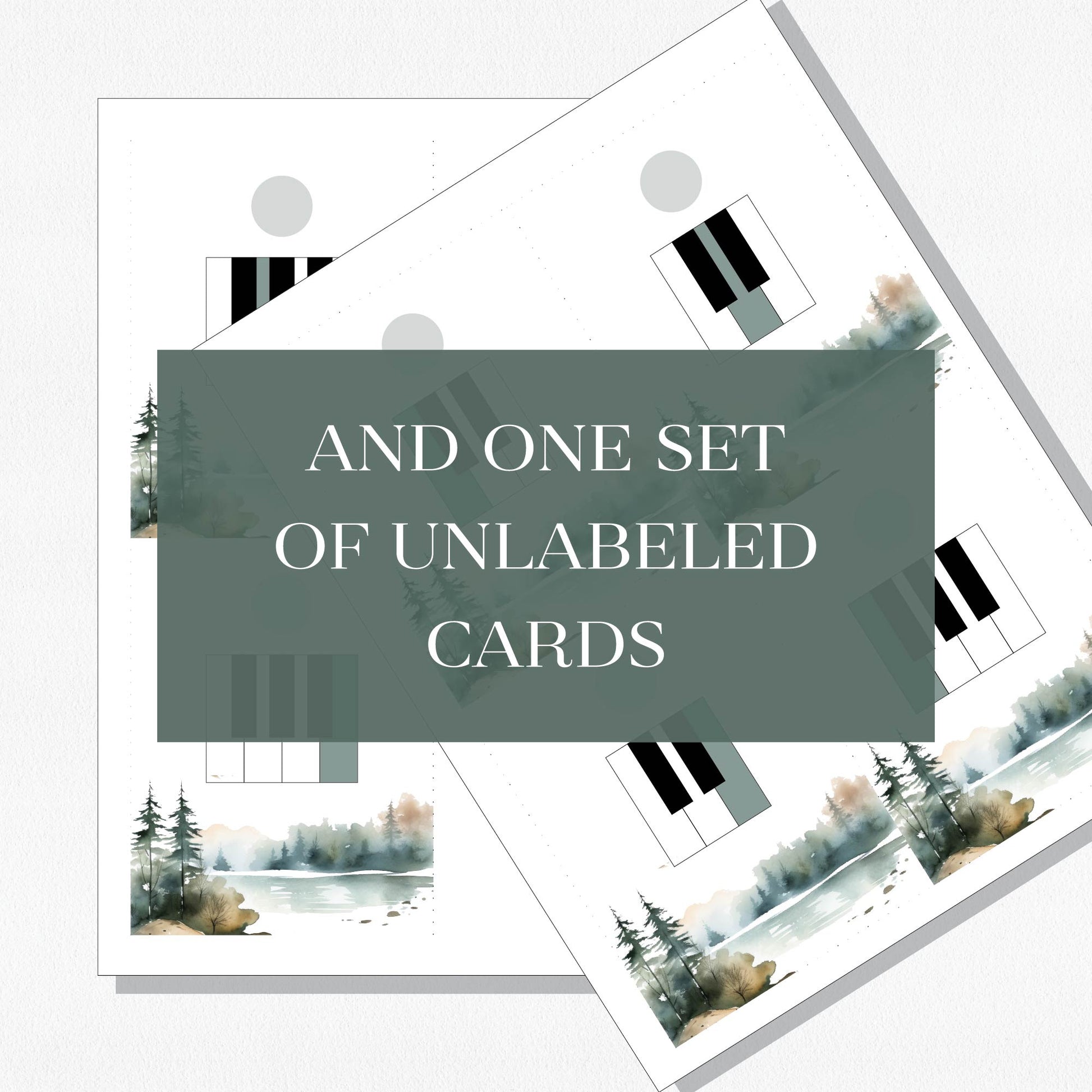 A spread of music theory flashcards showing piano keys and their names with a text overlay that says "And one set of unlabeled cards." Shown on a neutral colored background.