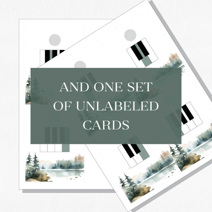 A spread of music theory flashcards showing piano keys and their names with a text overlay that says "And one set of unlabeled cards." Shown on a neutral colored background.